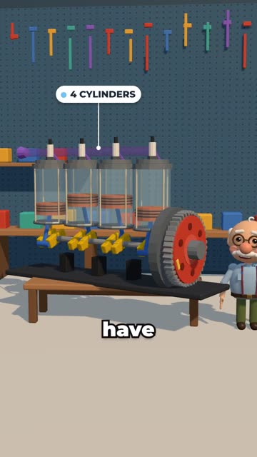 Grandpa next to a four-cylinder engine model on his workbench